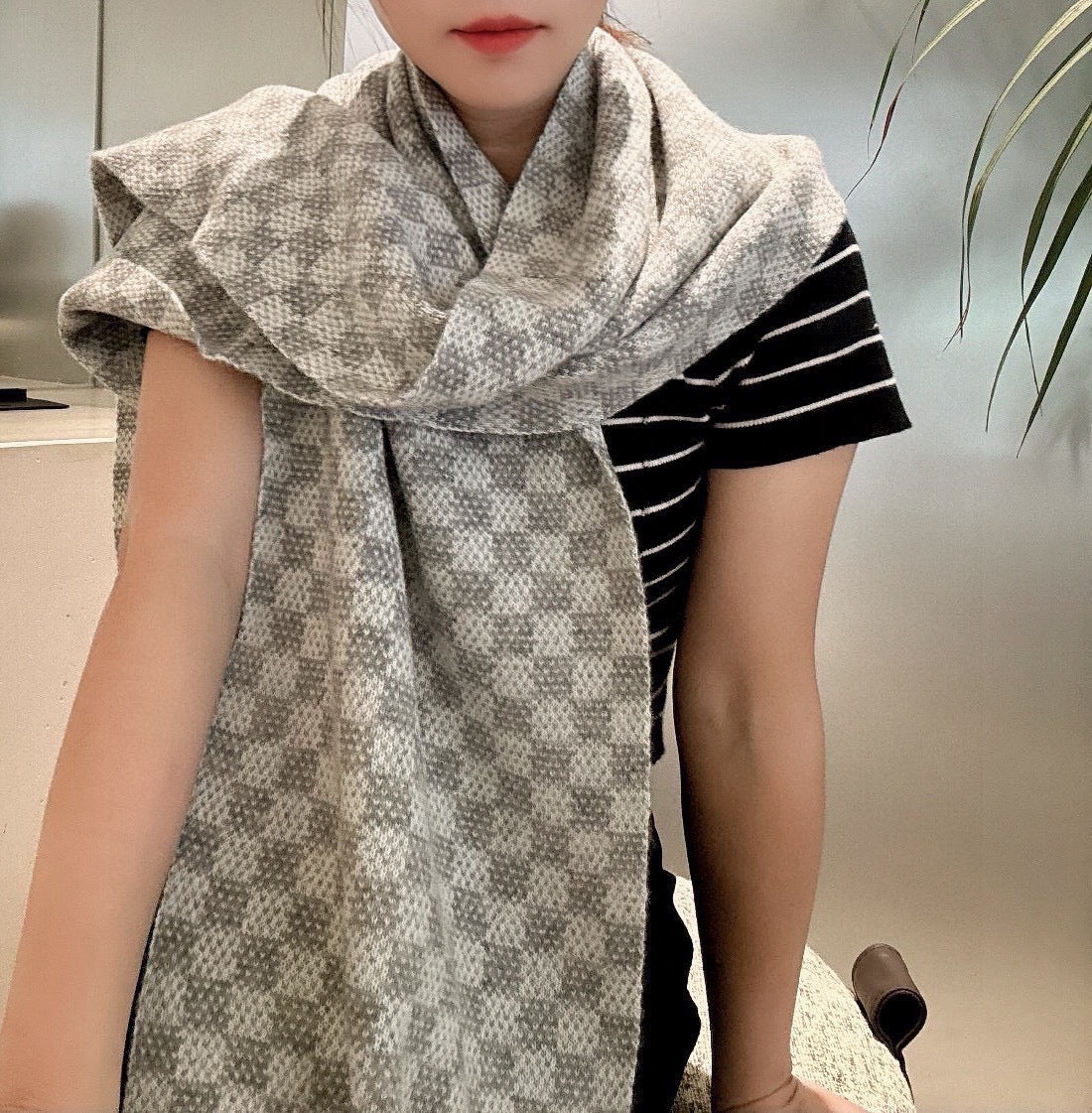 Luxury Checkered Scarf for Women - Soft Grey and Beige Pashmina Shawl Wrap - Classic Winter Scarf