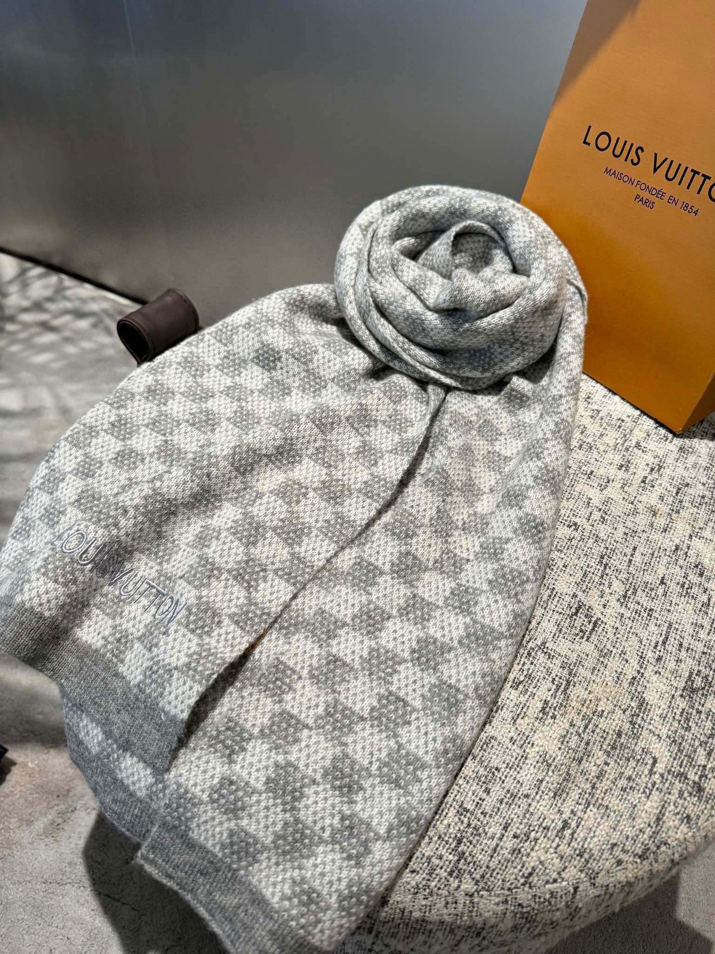 Luxury Checkered Scarf for Women - Soft Grey and Beige Pashmina Shawl Wrap - Classic Winter Scarf