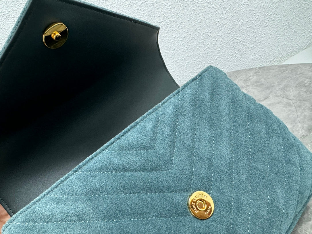 Saint Laurent Medium College Bag in Teal Green Suede with Gold-Tone Hardware