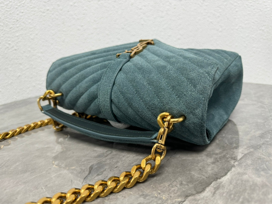 Saint Laurent Medium College Bag in Teal Green Suede with Gold-Tone Hardware