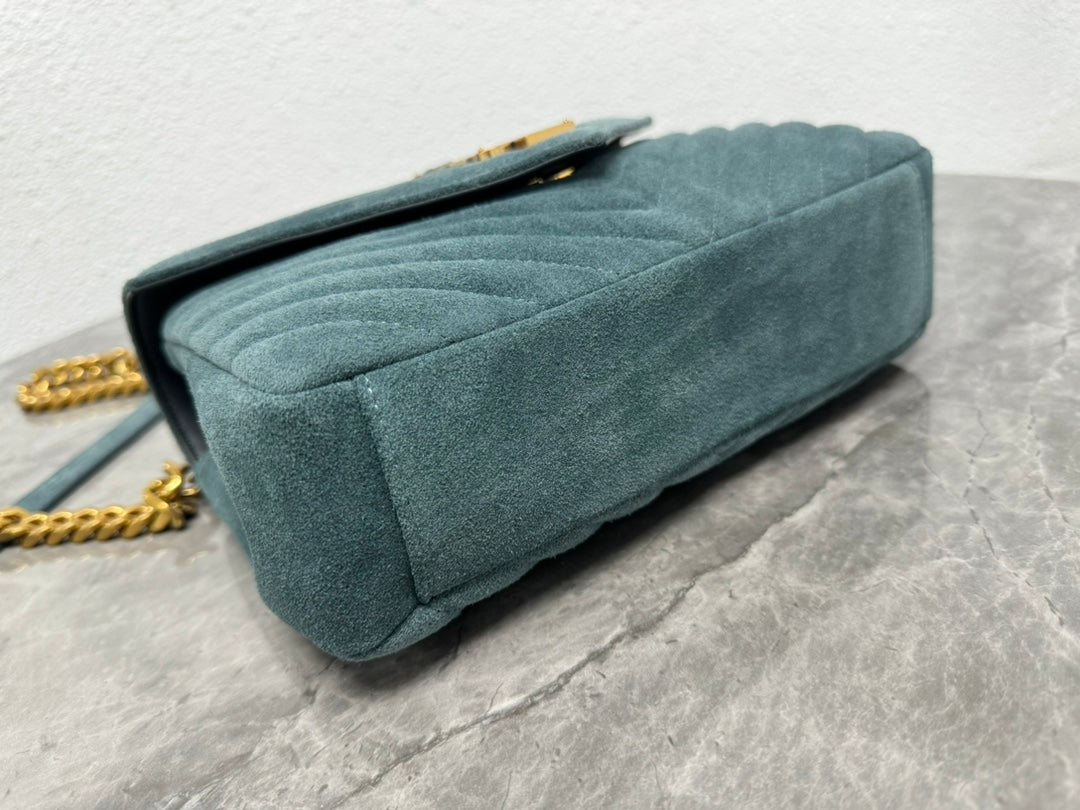 Saint Laurent Medium College Bag in Teal Green Suede with Gold-Tone Hardware