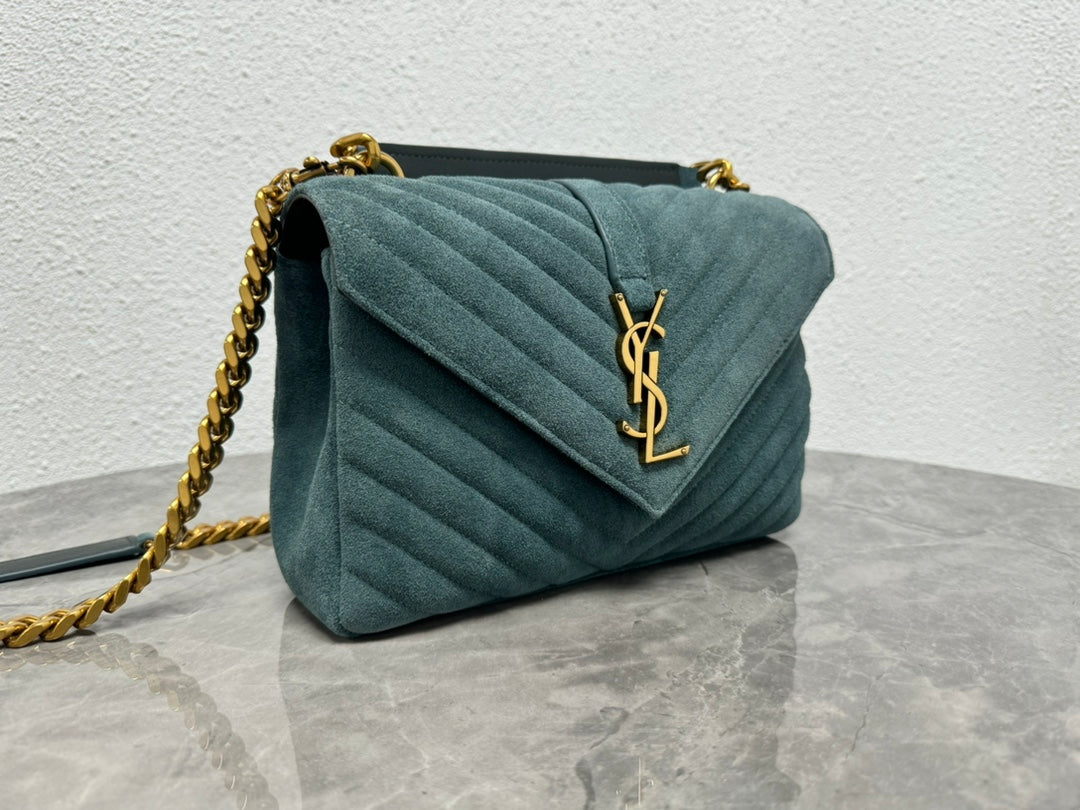 Saint Laurent Medium College Bag in Teal Green Suede with Gold-Tone Hardware