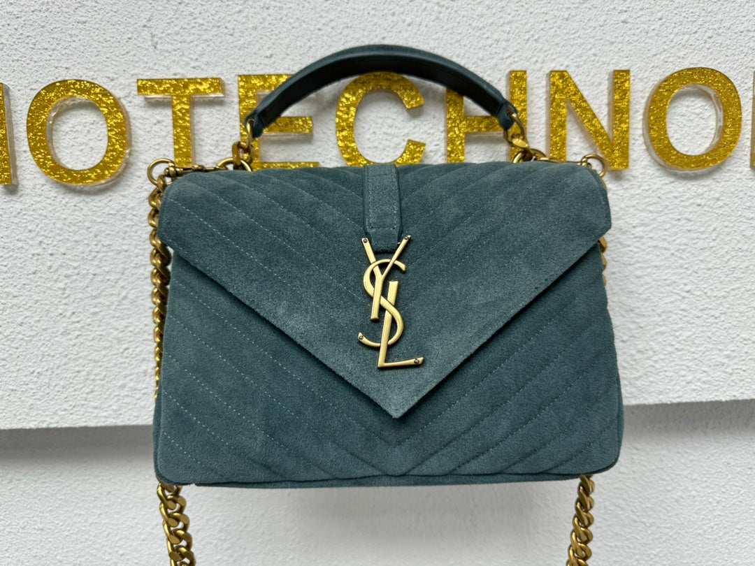 Saint Laurent Medium College Bag in Teal Green Suede with Gold-Tone Hardware