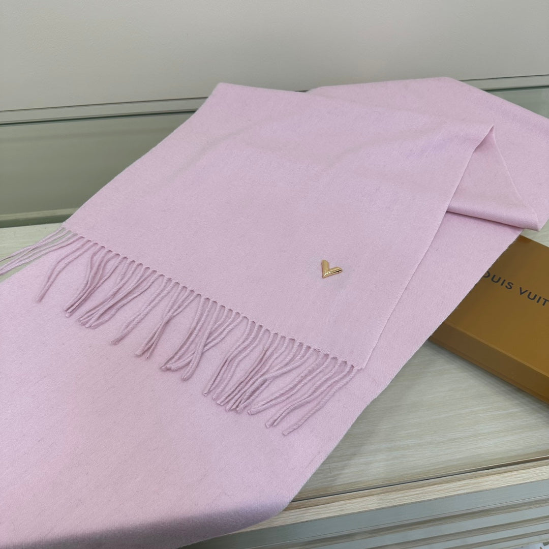 Louis Vuitton Women's Light Pink Wool Scarf with LV Logo and Fringed Edges