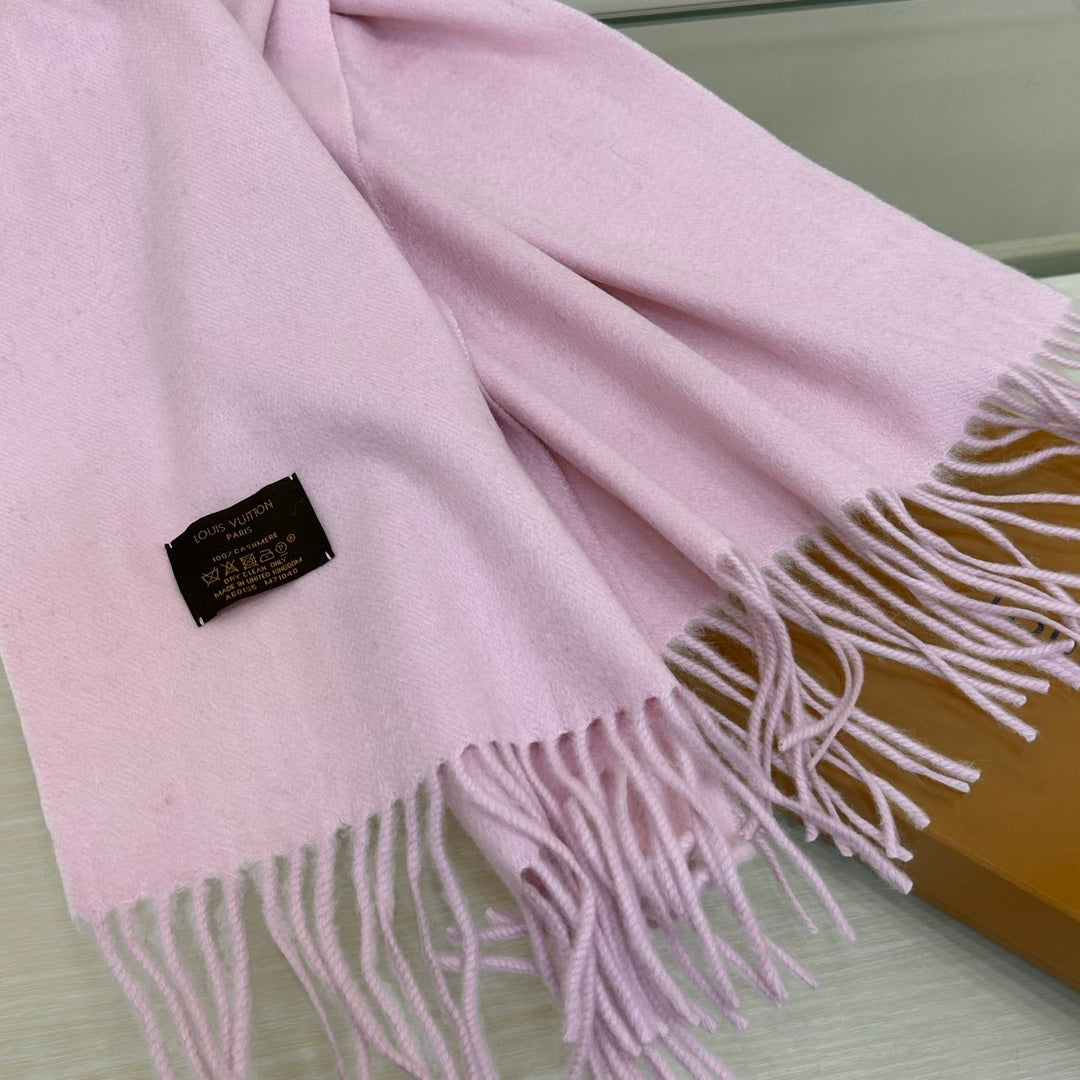 Louis Vuitton Women's Light Pink Wool Scarf with LV Logo and Fringed Edges