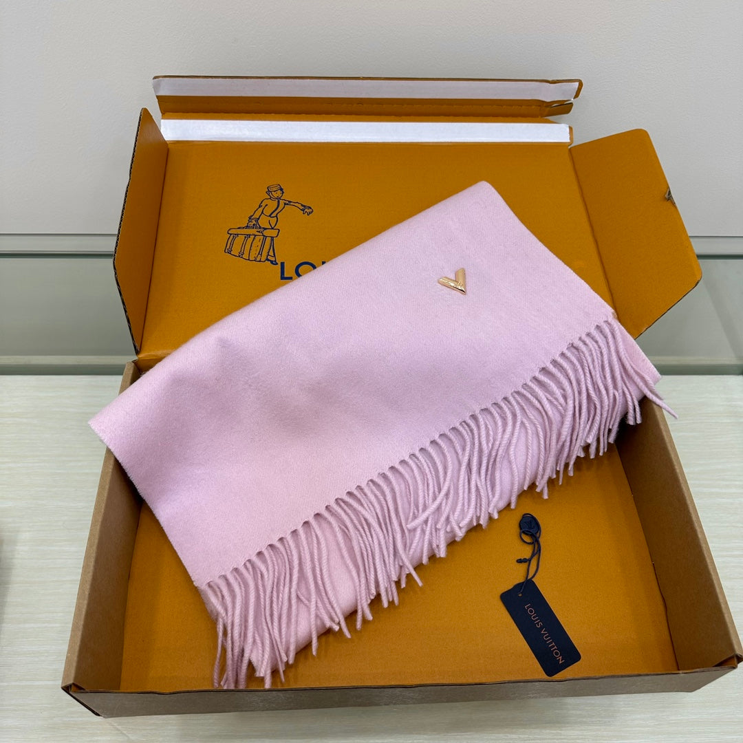 Louis Vuitton Women's Light Pink Wool Scarf with LV Logo and Fringed Edges