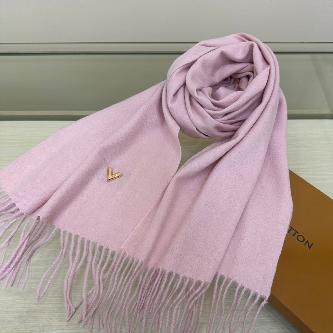 Louis Vuitton Women's Light Pink Wool Scarf with LV Logo and Fringed Edges