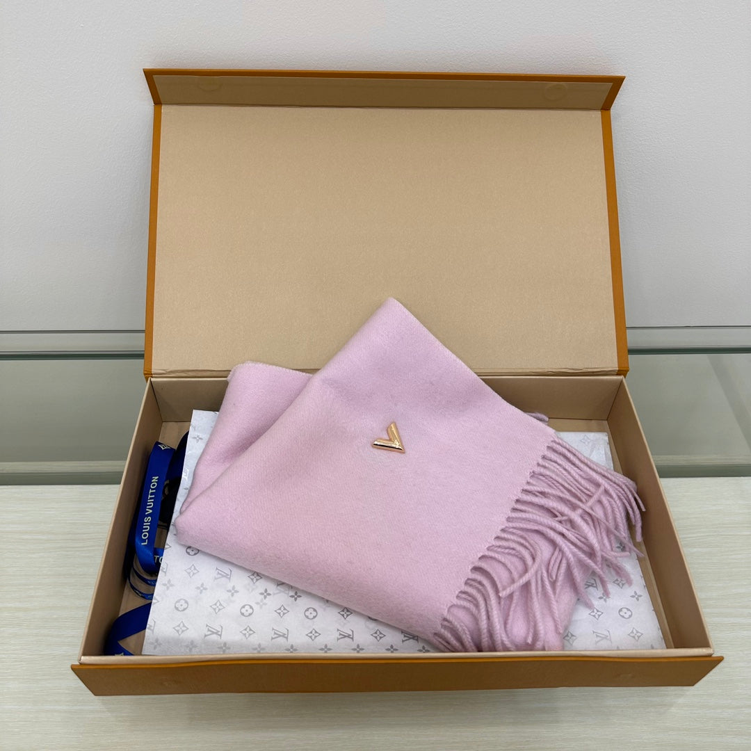 Louis Vuitton Women's Light Pink Wool Scarf with LV Logo and Fringed Edges