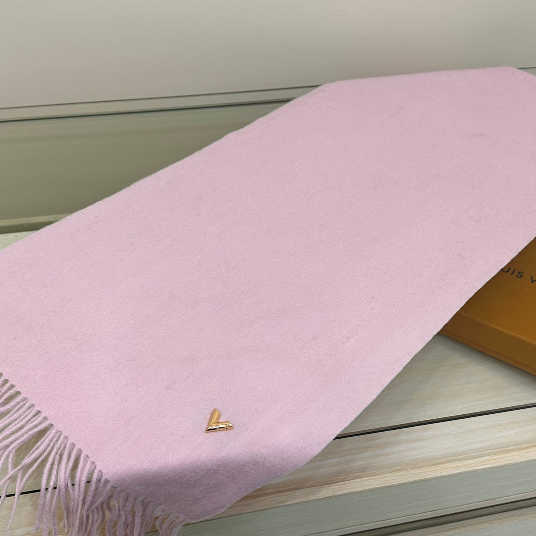 Louis Vuitton Women's Light Pink Wool Scarf with LV Logo and Fringed Edges