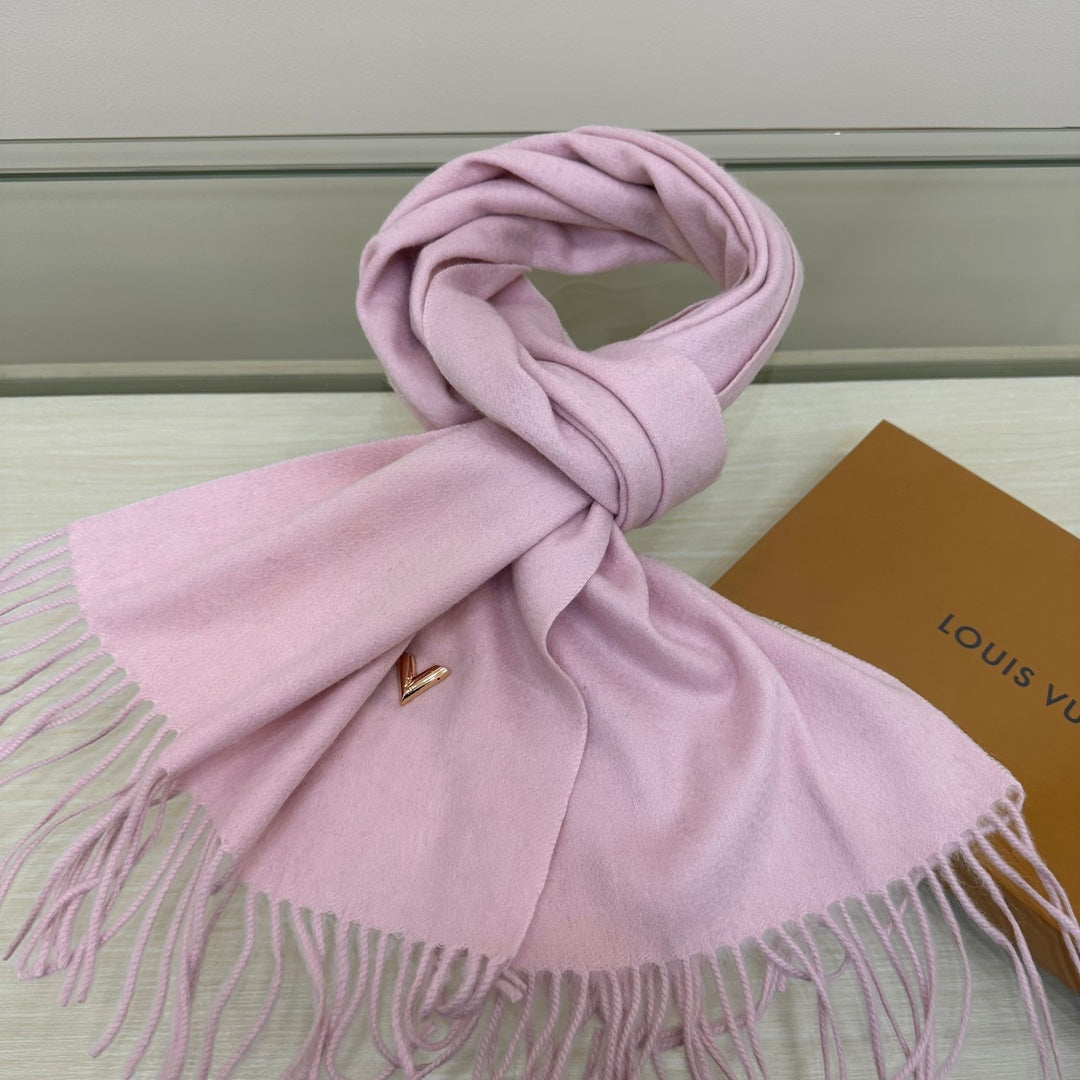 Louis Vuitton Women's Light Pink Wool Scarf with LV Logo and Fringed Edges