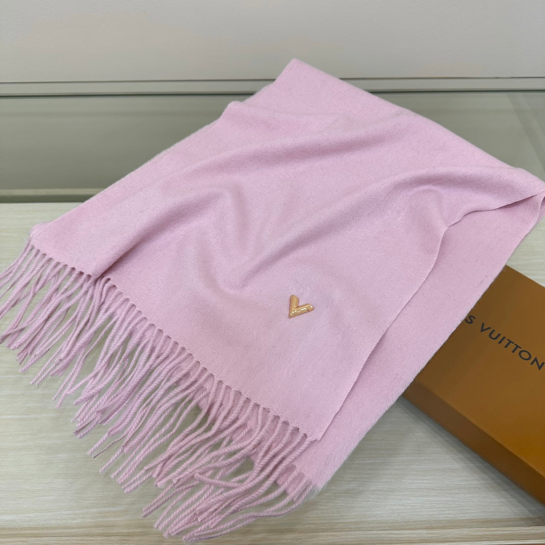 Louis Vuitton Women's Light Pink Wool Scarf with LV Logo and Fringed Edges