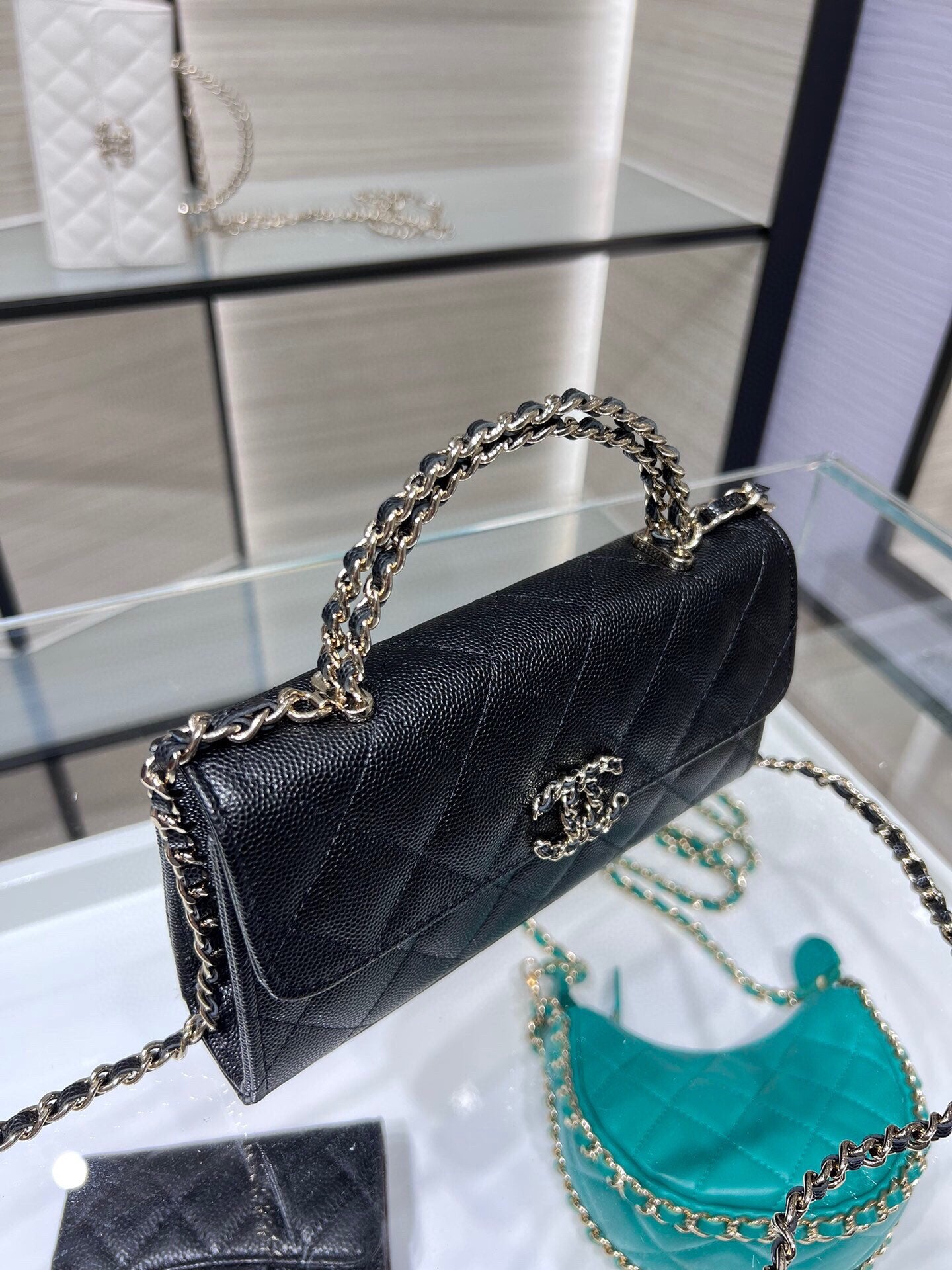 Chanel Black Quilted Lambskin Top Handle Wallet on Chain Gold-Tone Hardware