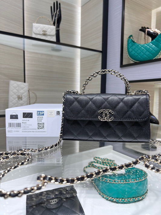 Chanel Black Quilted Lambskin Top Handle Wallet on Chain Gold-Tone Hardware