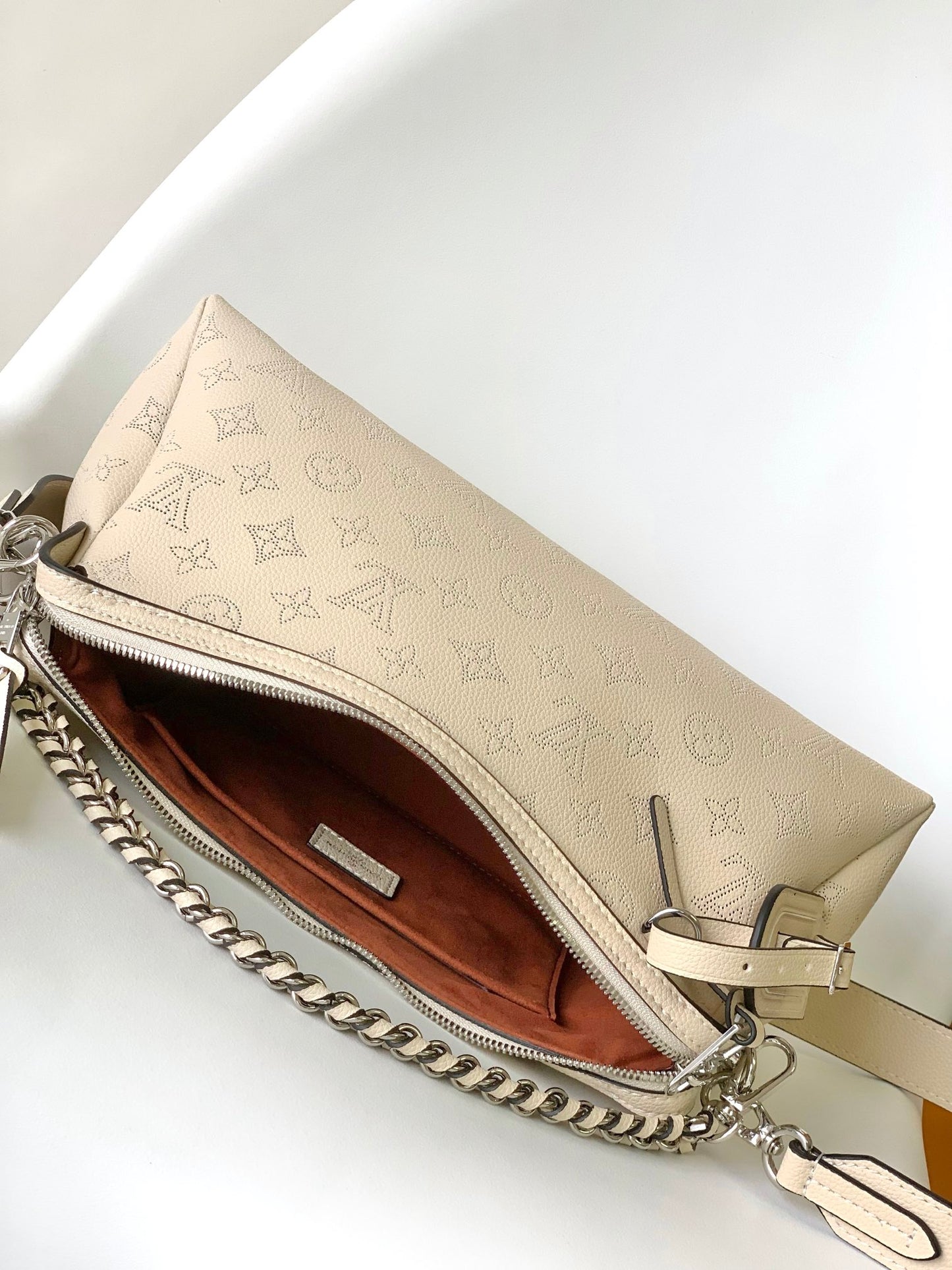 Louis Vuitton Bella Mahina Perforated Leather Beige Handbag with Silver Chain