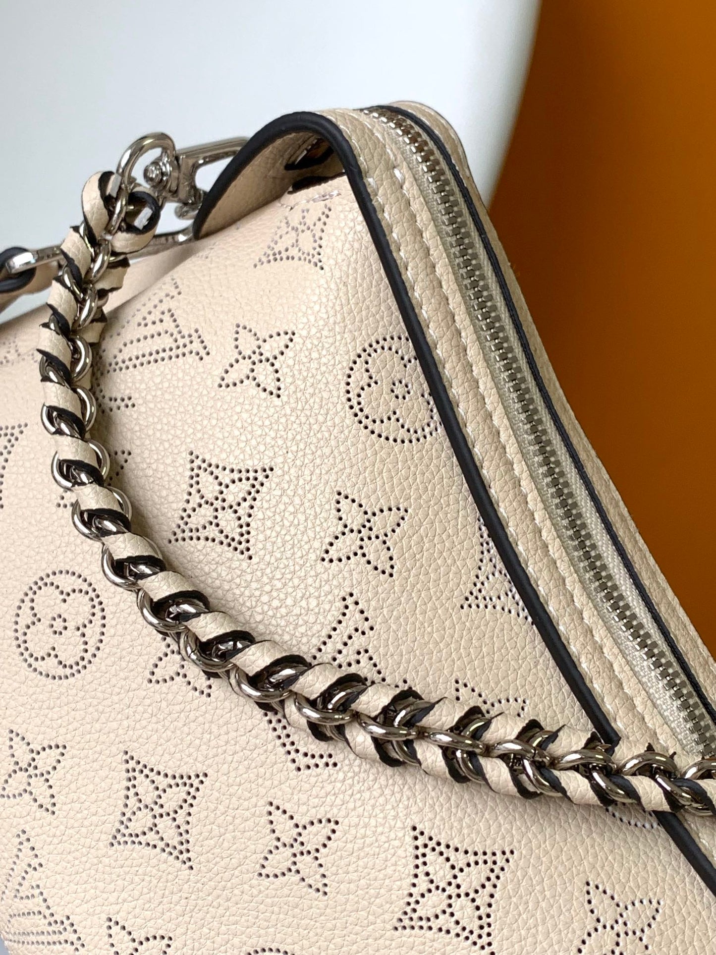 Louis Vuitton Bella Mahina Perforated Leather Beige Handbag with Silver Chain