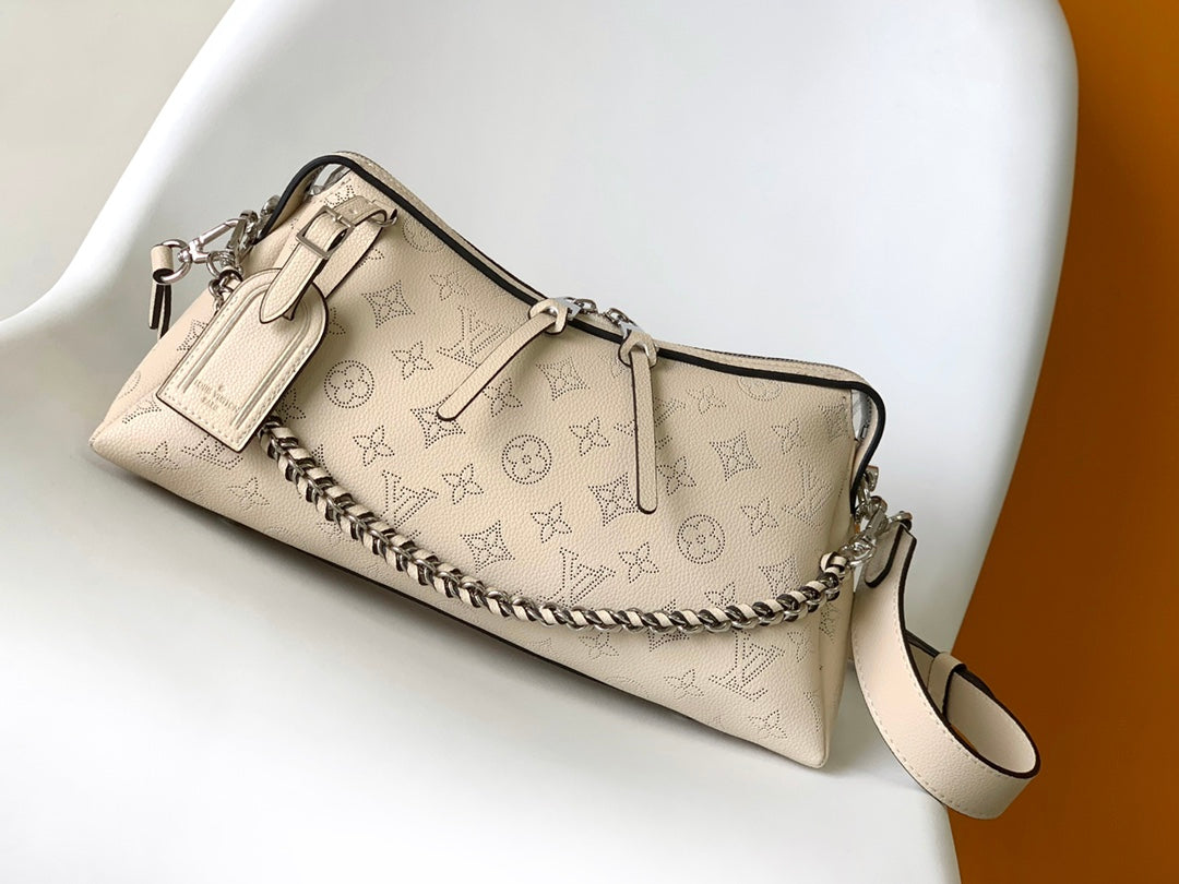Louis Vuitton Bella Mahina Perforated Leather Beige Handbag with Silver Chain