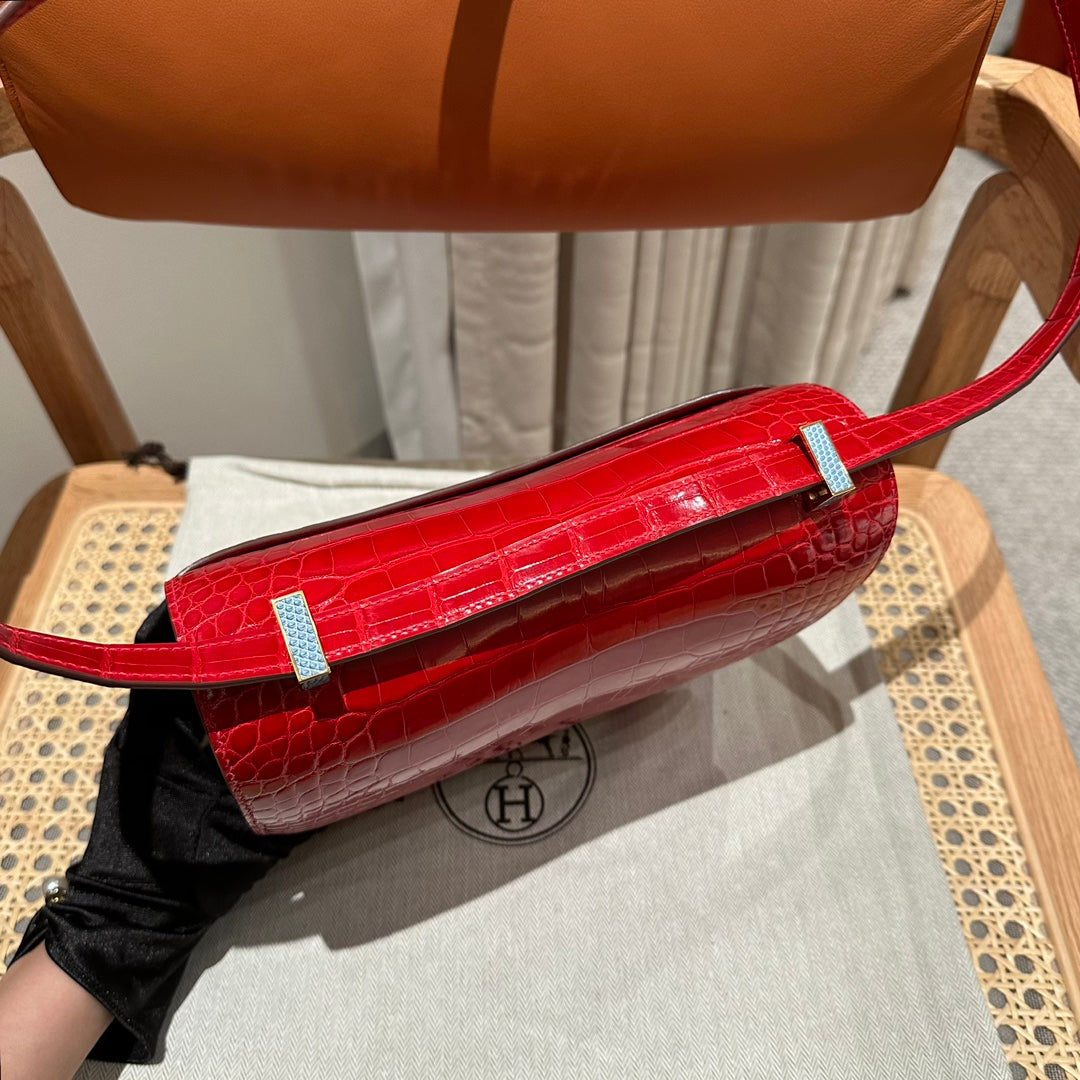 Luxury Red Alligator Leather Constance Bag with Silver Hardware