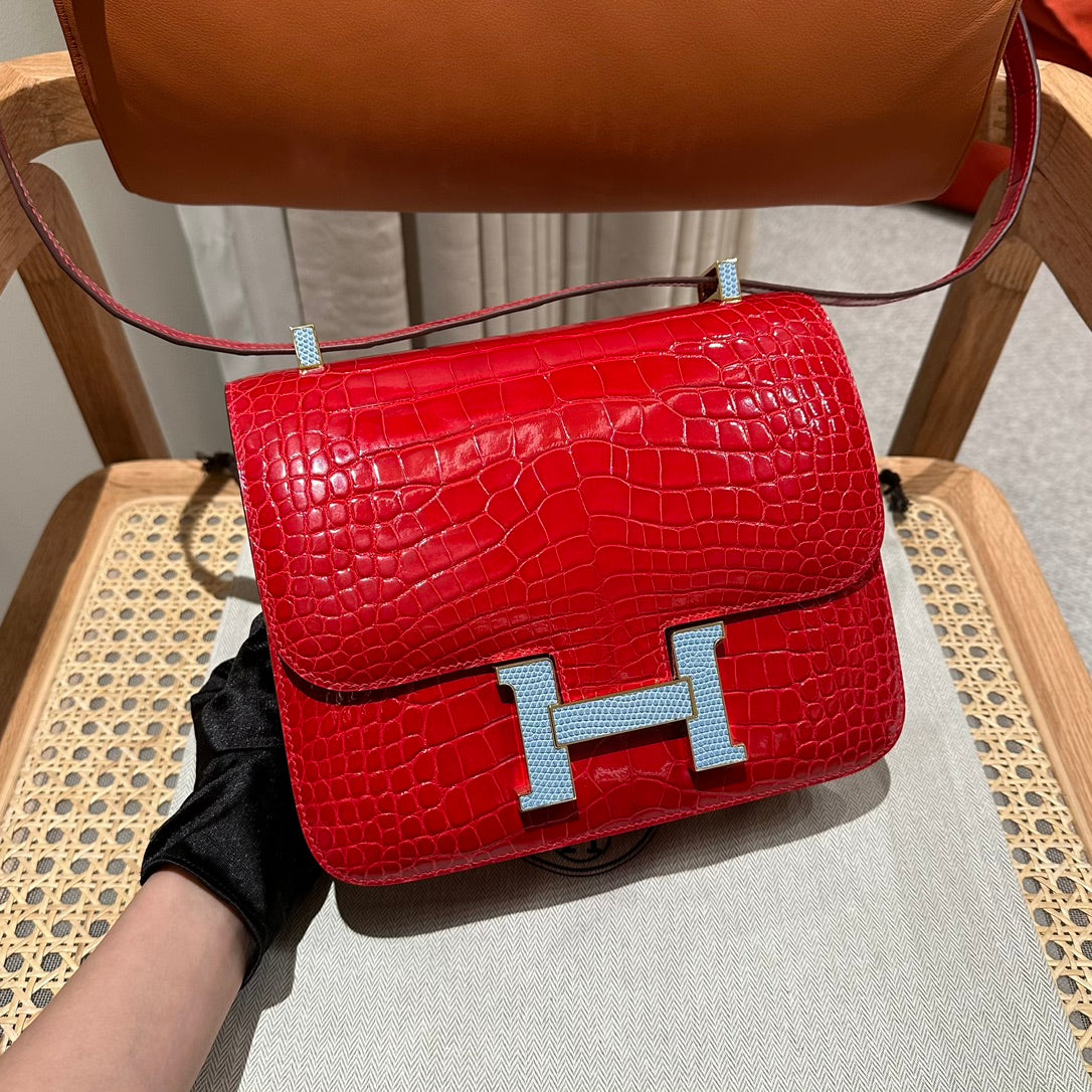 Luxury Red Alligator Leather Constance Bag with Silver Hardware