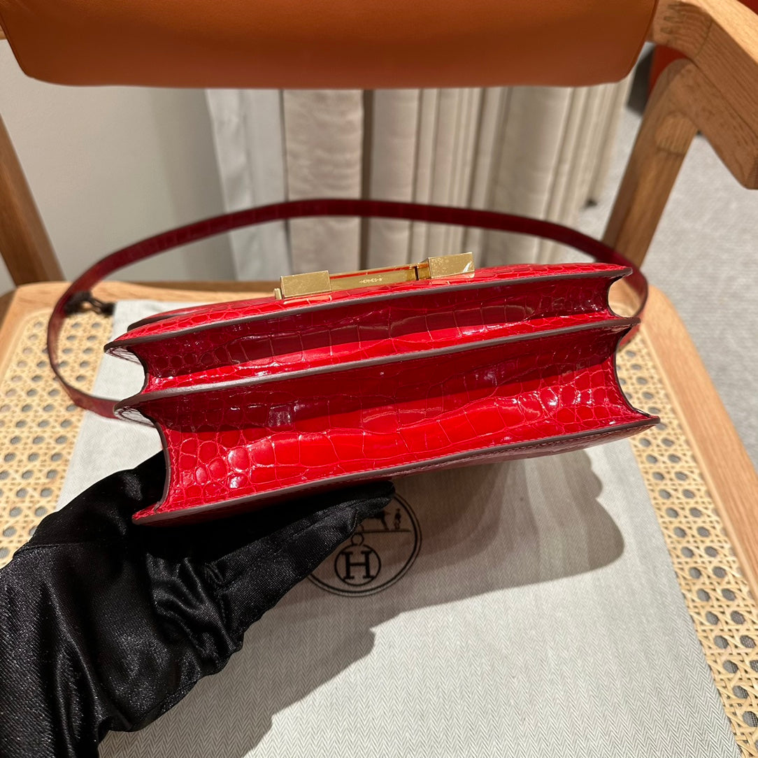 Luxury Red Alligator Leather Constance Bag with Silver Hardware