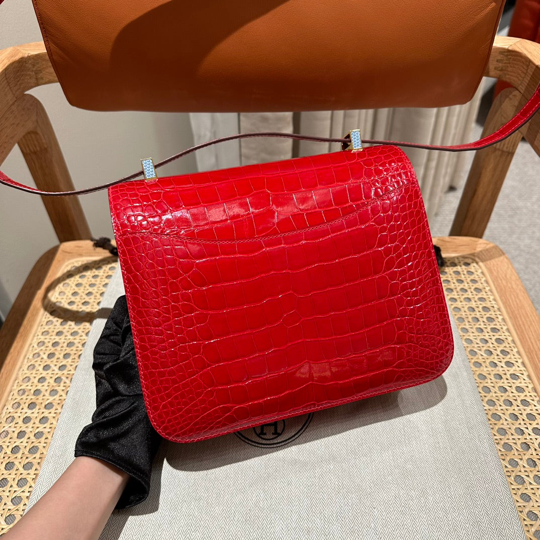 Luxury Red Alligator Leather Constance Bag with Silver Hardware