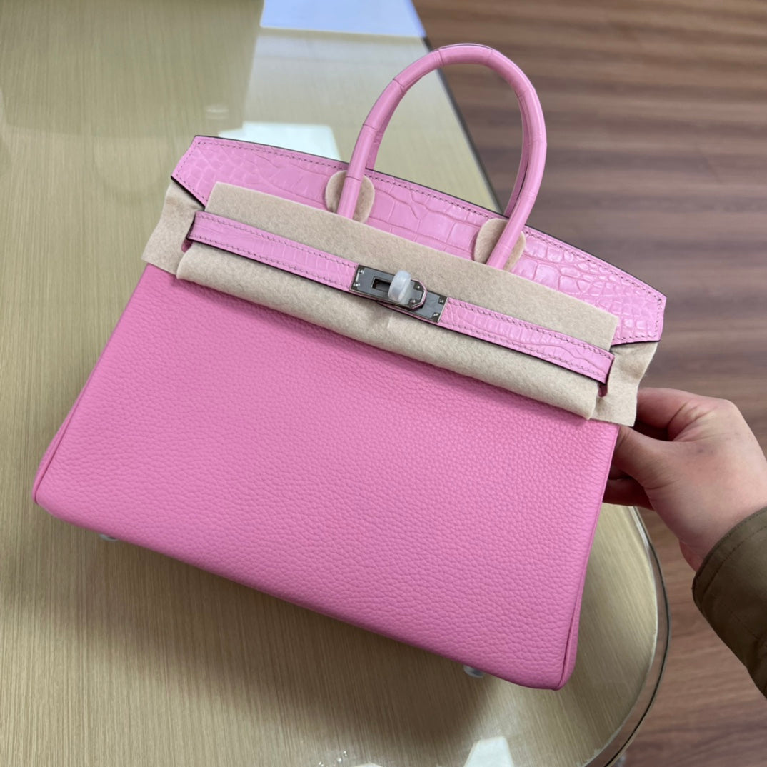 Pink Crocodile-Embossed Leather Top Handle Handbag - Elegant Designer Style Purse