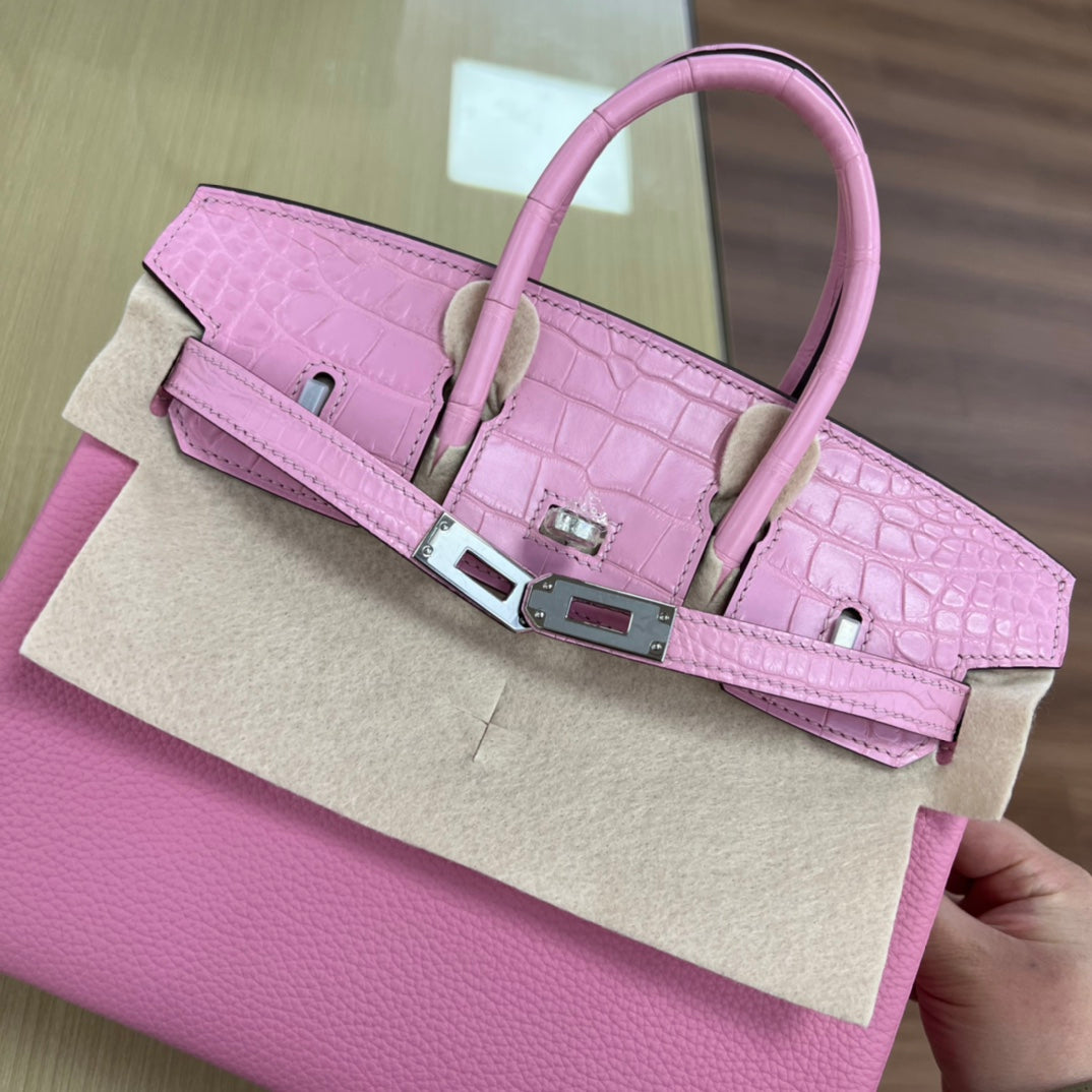 Pink Crocodile-Embossed Leather Top Handle Handbag - Elegant Designer Style Purse