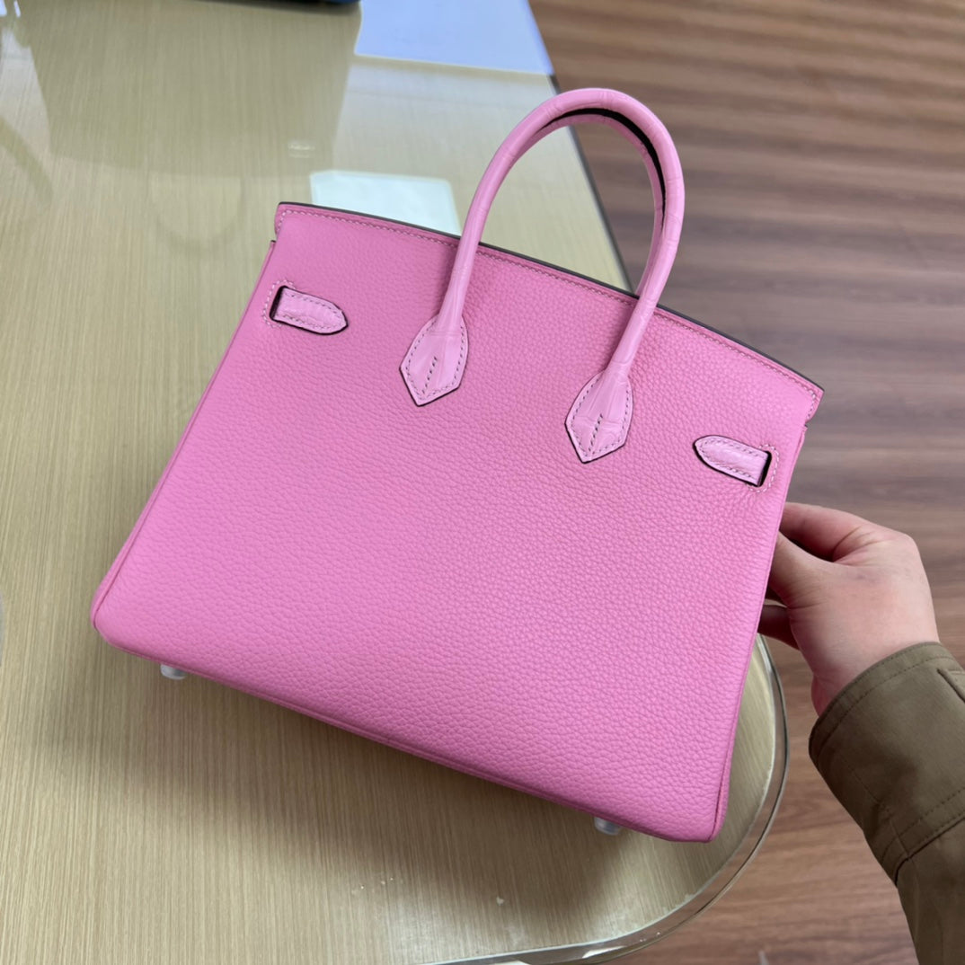 Pink Crocodile-Embossed Leather Top Handle Handbag - Elegant Designer Style Purse
