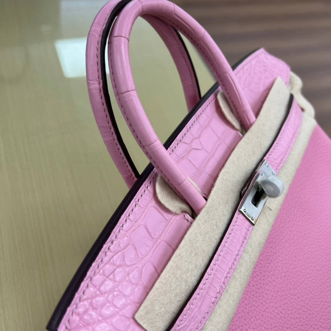 Pink Crocodile-Embossed Leather Top Handle Handbag - Elegant Designer Style Purse