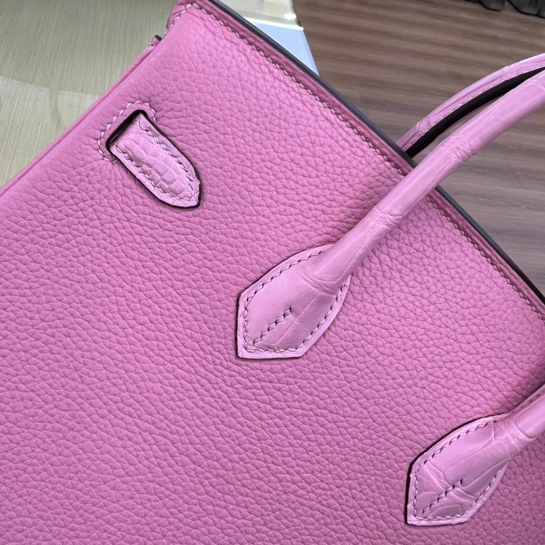 Pink Crocodile-Embossed Leather Top Handle Handbag - Elegant Designer Style Purse