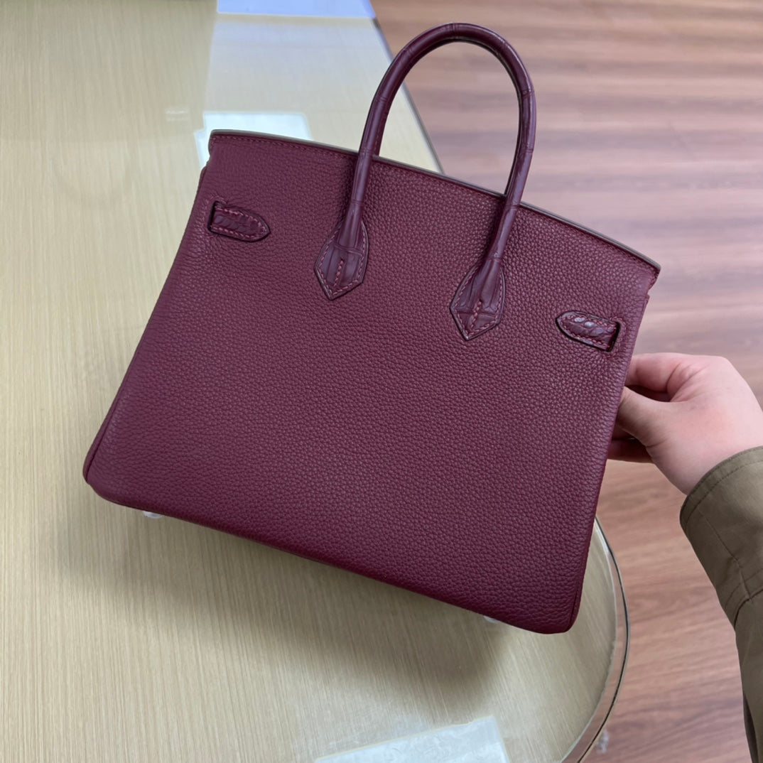 Elegant Two-Tone Burgundy &amp; Cream Crocodile Embossed Top Handle Handbag