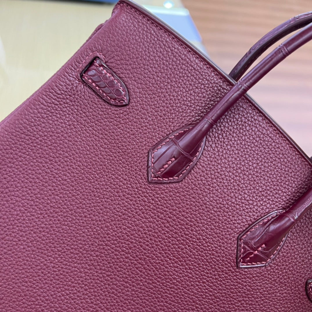 Elegant Two-Tone Burgundy &amp; Cream Crocodile Embossed Top Handle Handbag