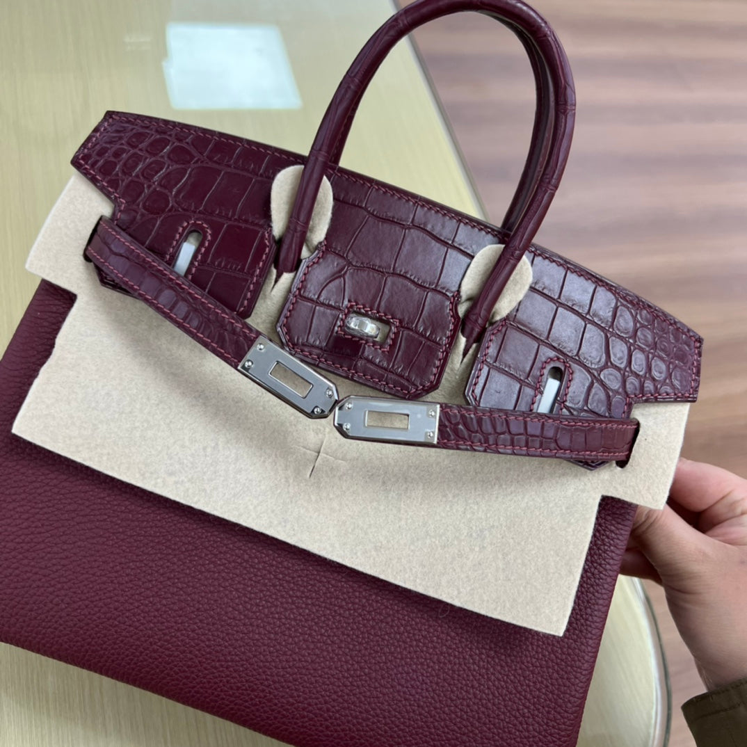 Elegant Two-Tone Burgundy &amp; Cream Crocodile Embossed Top Handle Handbag