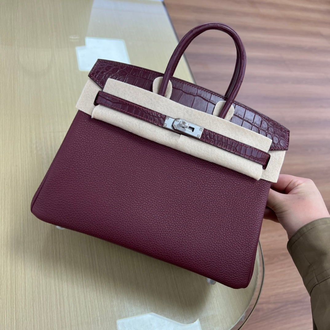 Elegant Two-Tone Burgundy &amp; Cream Crocodile Embossed Top Handle Handbag