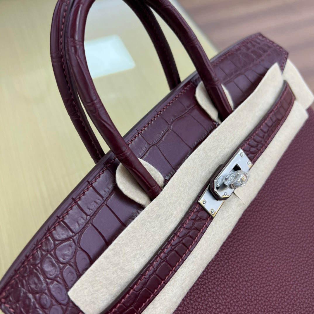 Elegant Two-Tone Burgundy &amp; Cream Crocodile Embossed Top Handle Handbag