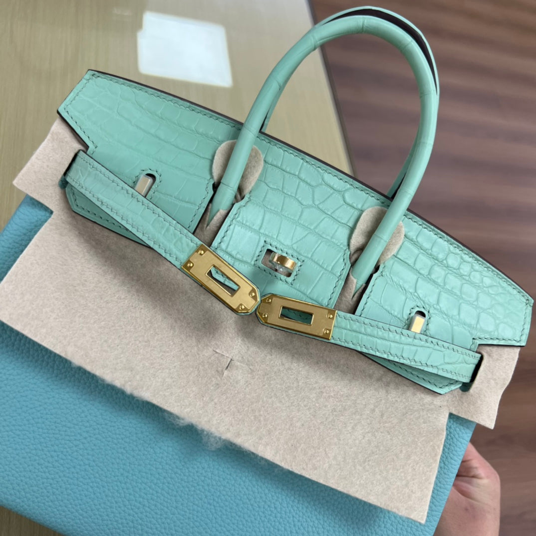 Luxury Two-Tone Leather Handbag - Mint Green and Light Blue Birkin Style Tote with Gold Hardware