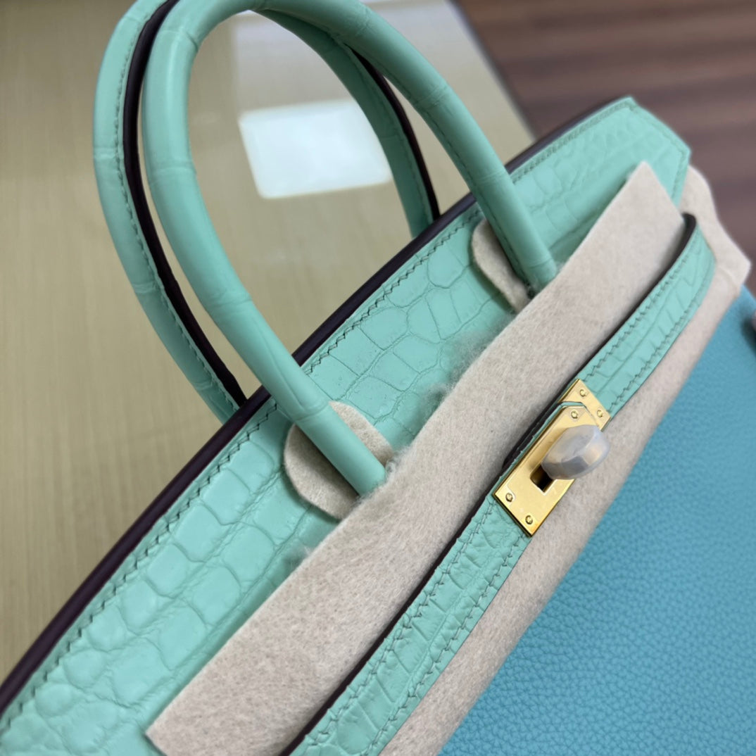 Luxury Two-Tone Leather Handbag - Mint Green and Light Blue Birkin Style Tote with Gold Hardware