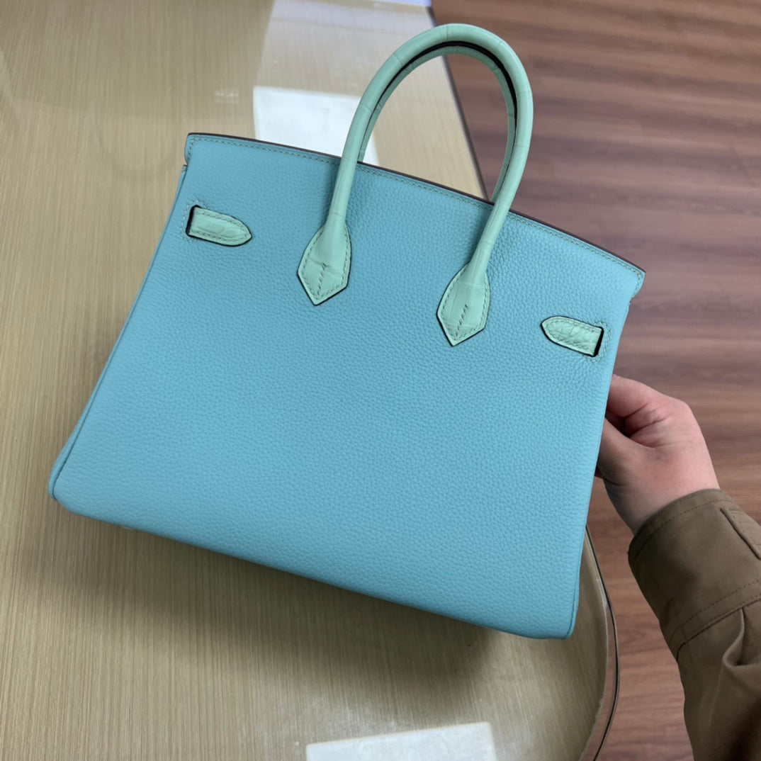 Luxury Two-Tone Leather Handbag - Mint Green and Light Blue Birkin Style Tote with Gold Hardware