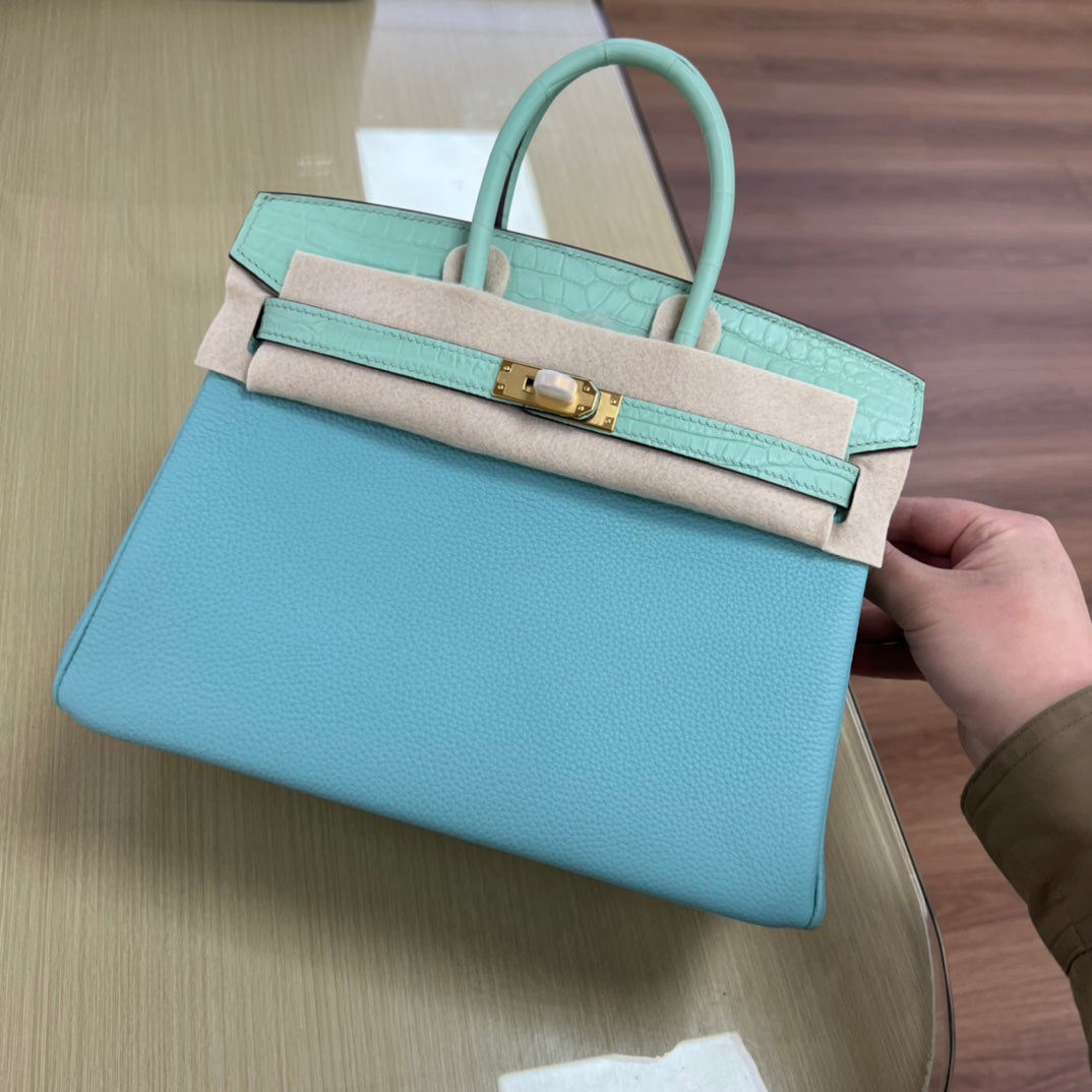 Luxury Two-Tone Leather Handbag - Mint Green and Light Blue Birkin Style Tote with Gold Hardware