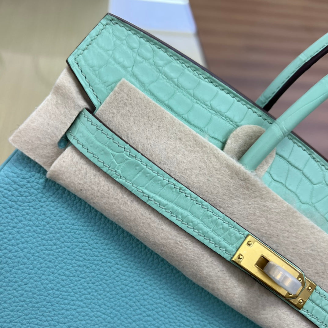 Luxury Two-Tone Leather Handbag - Mint Green and Light Blue Birkin Style Tote with Gold Hardware