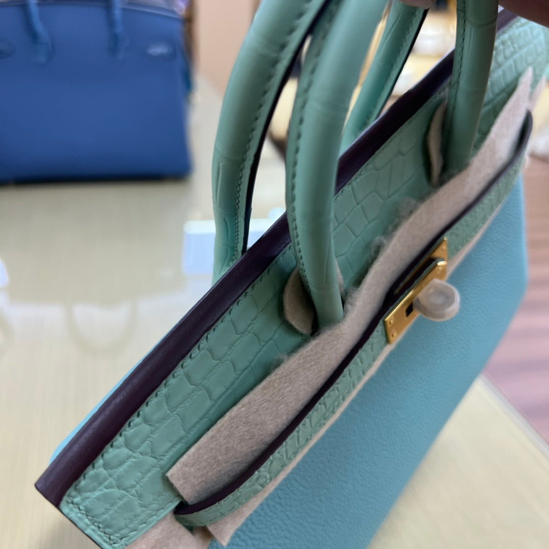 Luxury Two-Tone Leather Handbag - Mint Green and Light Blue Birkin Style Tote with Gold Hardware
