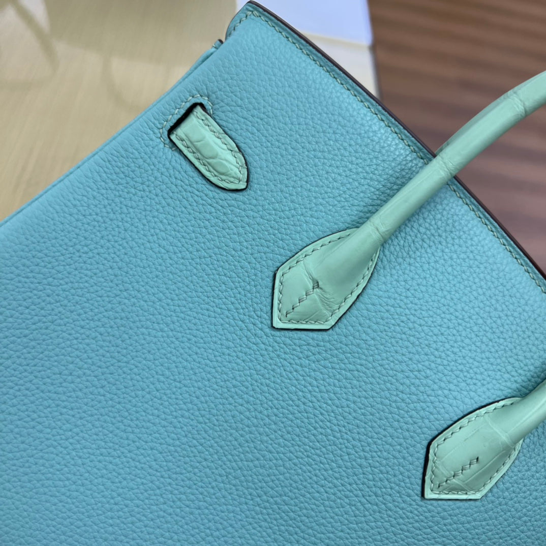 Luxury Two-Tone Leather Handbag - Mint Green and Light Blue Birkin Style Tote with Gold Hardware