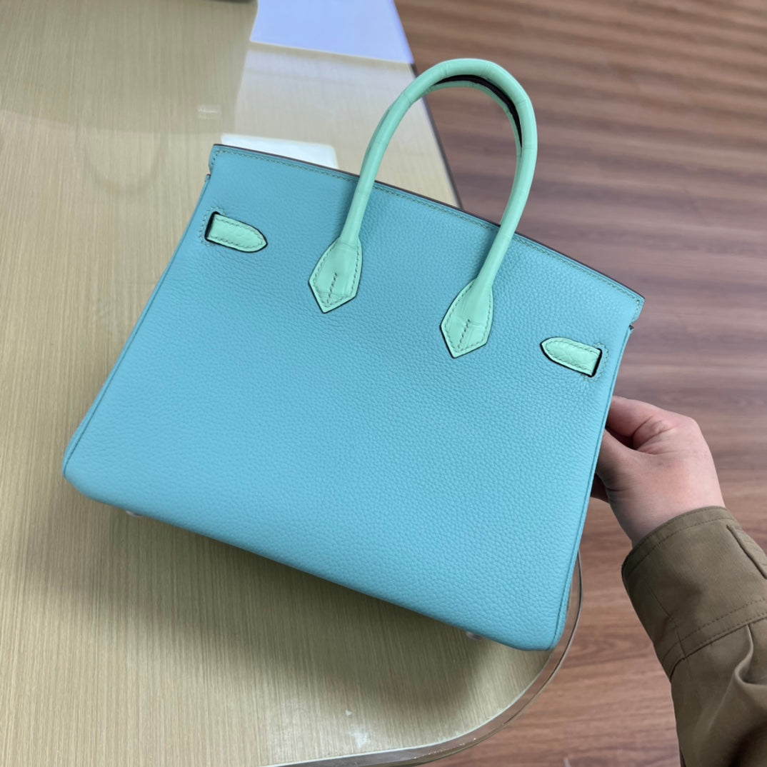 Luxury Two-Tone Leather Handbag in Turquoise and Mint Green with Silver Hardware