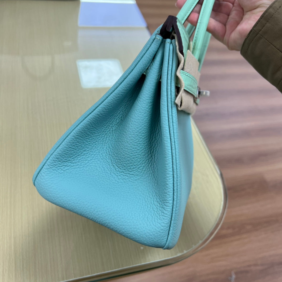 Luxury Two-Tone Leather Handbag in Turquoise and Mint Green with Silver Hardware