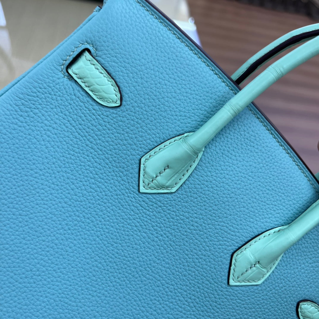 Luxury Two-Tone Leather Handbag in Turquoise and Mint Green with Silver Hardware