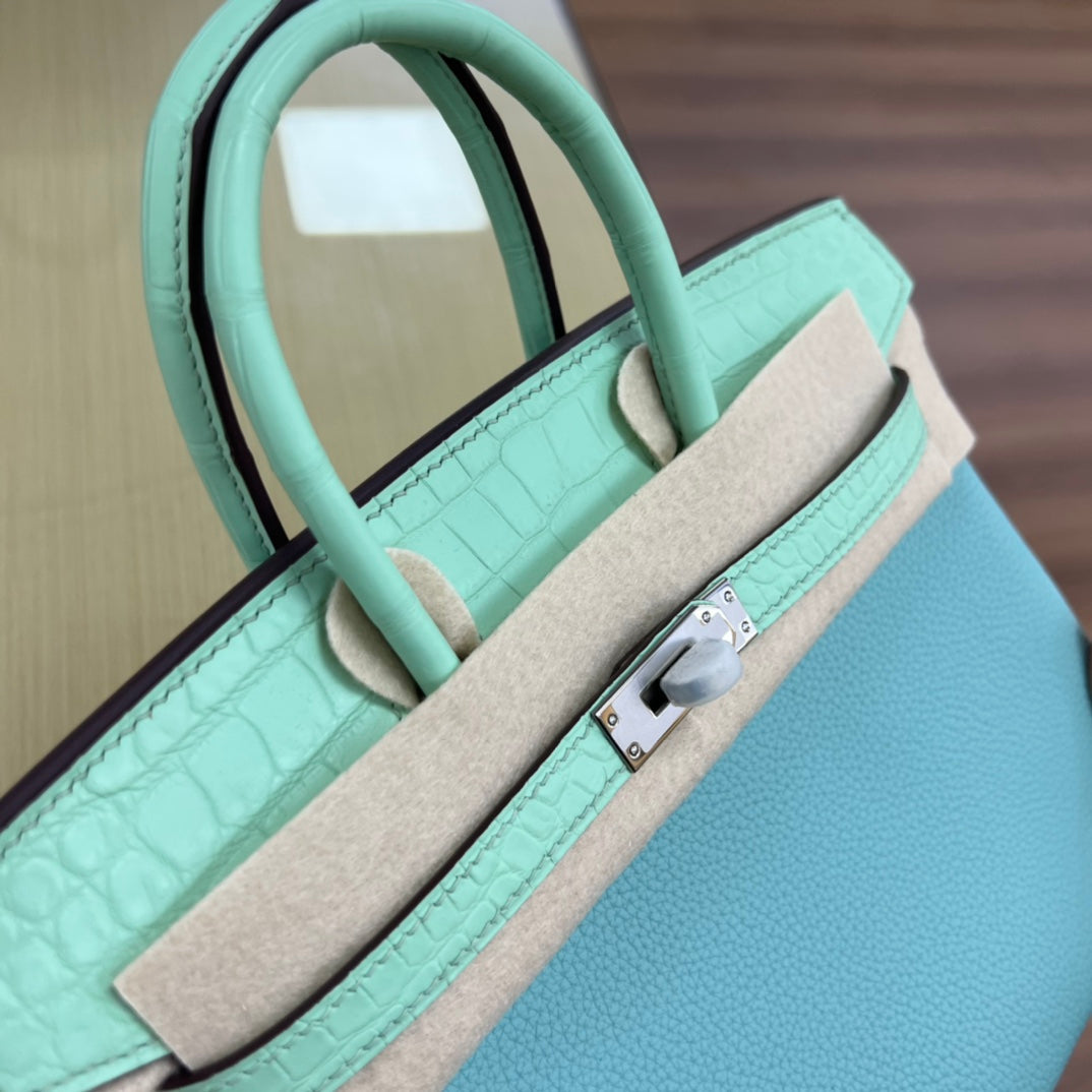 Luxury Two-Tone Leather Handbag in Turquoise and Mint Green with Silver Hardware