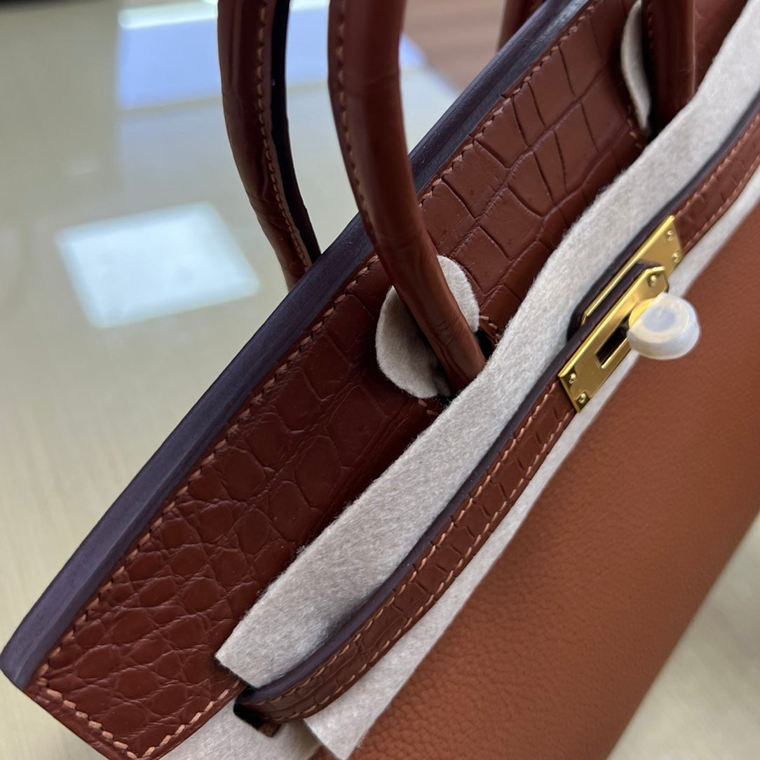 Elegant Brown Leather Top Handle Handbag with Crocodile Texture Accents