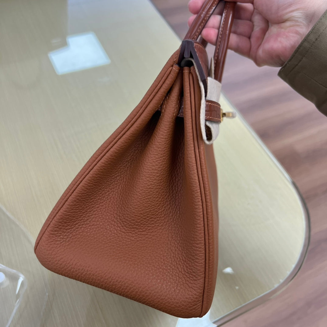Elegant Brown Leather Top Handle Handbag with Crocodile Texture Accents