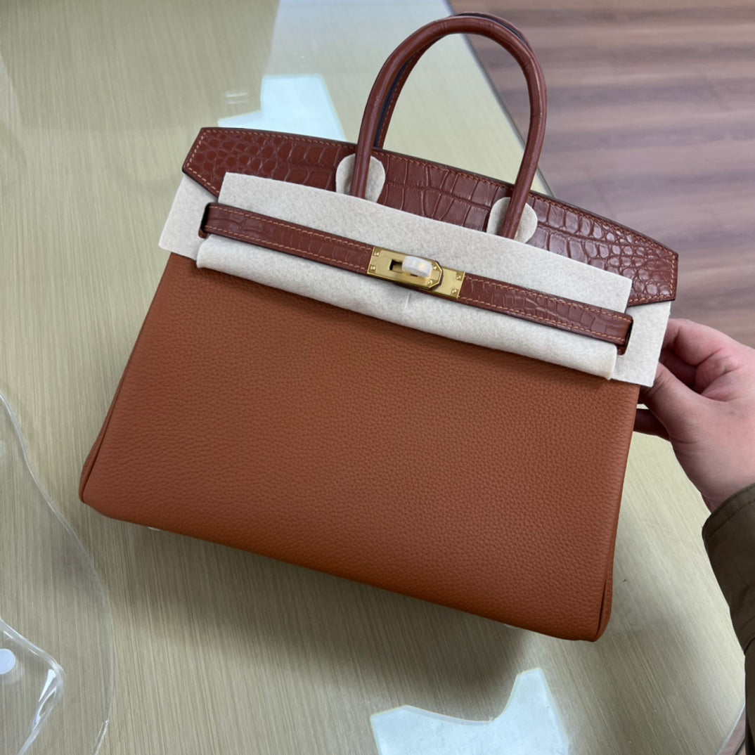 Elegant Brown Leather Top Handle Handbag with Crocodile Texture Accents