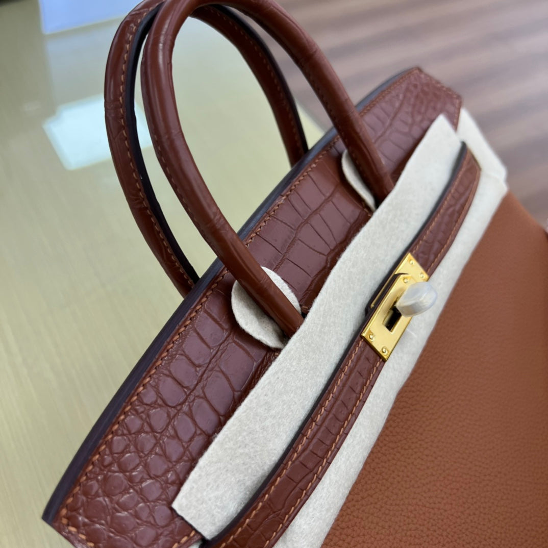 Elegant Brown Leather Top Handle Handbag with Crocodile Texture Accents