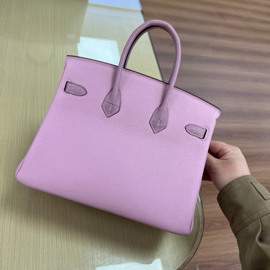 Elegant Lilac Two-Tone Leather Handbag with Gold Hardware - Classic Top Handle Tote